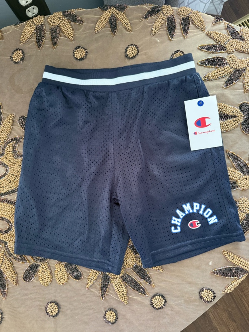 Champion Men’s Navy Blue Athletic Mesh Shorts with White Stripe Waistband
